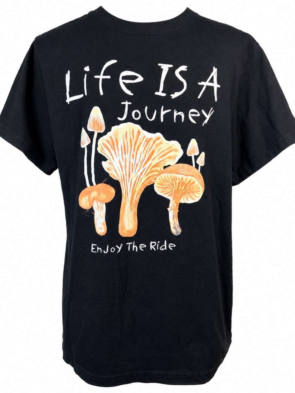 “Life is a Journey Enjoy the ride”Chemistry Black T-Shirt with White Mushroom M.